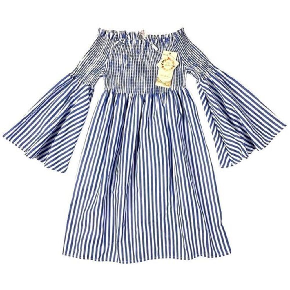 MEI Fashion NWT Off The Shoulder Smocked Striped Mini Dress Women’s S/M